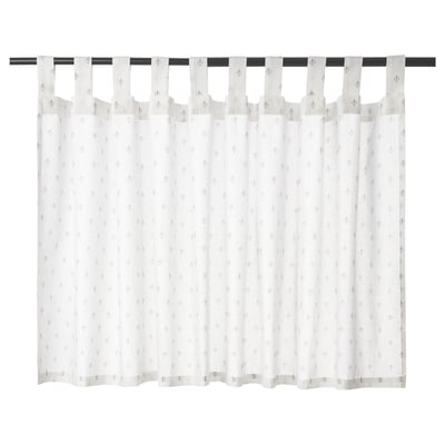 White curtains with sheer fabric, grey fleur-de-lis, 100% cotton, machine-washable, easy instal, privacy with daylight.