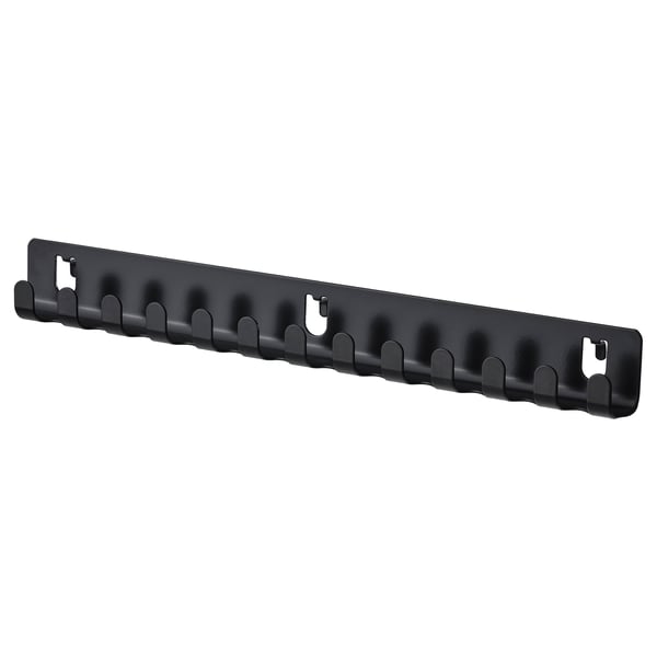 Black SKÅDIS wall organiser with 12 hooks for hanging items, made of steel. Rectangular shape, practical design.