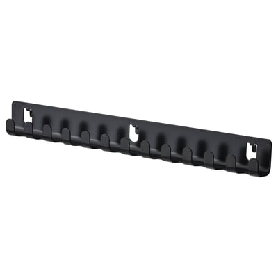 Black SKÅDIS wall organiser with 12 hooks for hanging items, made of steel. Rectangular shape, practical design.