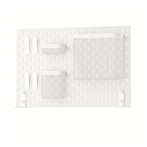 SKÅDIS white pegboard organiser with mesh baskets and clips.