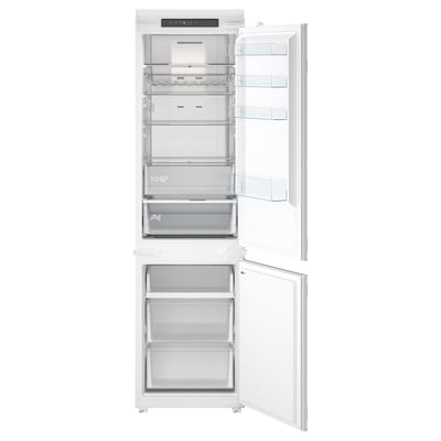 Open white fridge-freezer, displaying shelves and drawers, with led lighting.