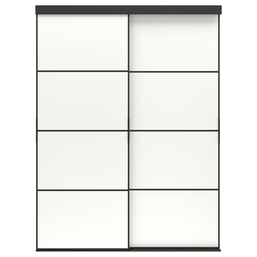 Depicts a SKYTTA wardrobe with white panels and black accents. It sliding doors and offers a sleek, modern look with a ten-year guarantee.