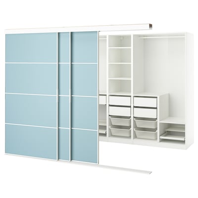 Modern white wardrobe with light blue sliding doors, containing drawers and shelves.