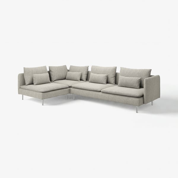 A modern, grey sofas­et named SÖDERHAMN with deep seats, sleek lines, and high legs, ideal for relaxation.