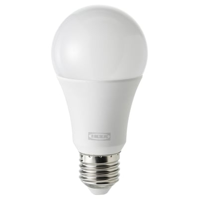 SOLHETTA white led bulb, round shape, made of durable plastic.