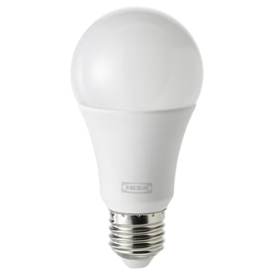SOLHETTA white led bulb, round shape, made of durable plastic.