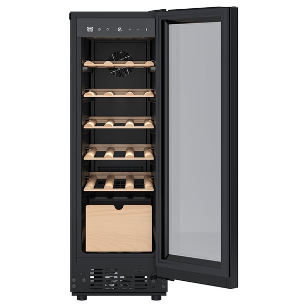 A black spełnaś wine cooler with a glass door, wooden racks, and an led light.