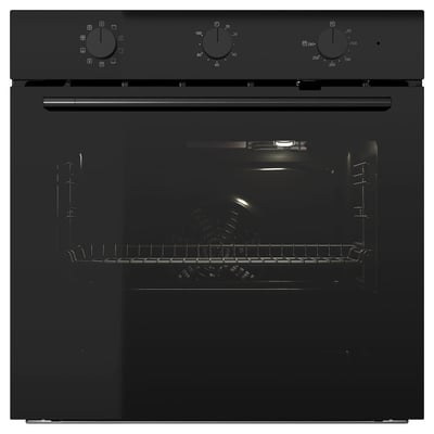 Black modern oven with sleek design and smoked glass door.