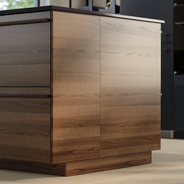 Dark brown stained ash veneer kitchen cabinet with horizontal handles.