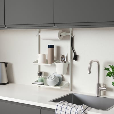 Modern kitchen with SUNNERSTA rack. White, multi-level design holds items near sink. Prüf.