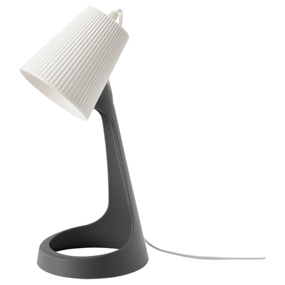 SVALLET lamp: grey, ribbed white shade, curved stand, recycled plastic.