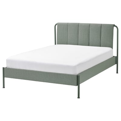 Modern green-grey upholstered bed with cushioned headboard and metal frame, stylish and comfortable.