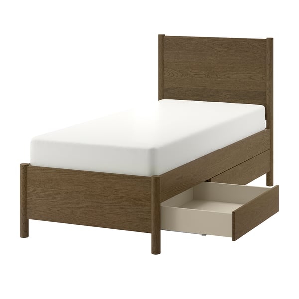 TONSTAD bed: modern wood, beige, rectangular, slim, soft-close drawer.