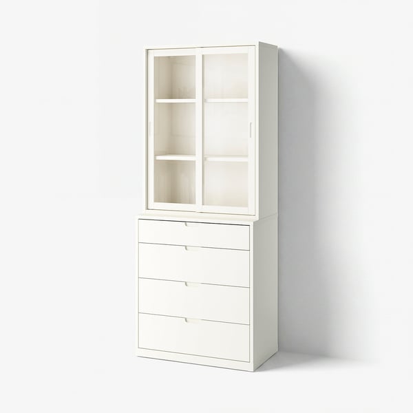 This image depicts a TONSTAD off-white cabinet and chest of drawers. The design glass doors and sleek lines. It combines open and hidden storage.