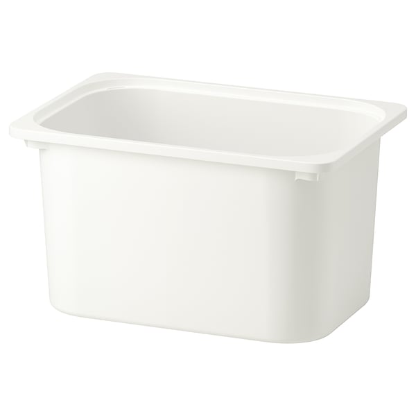 Displays a white TROFAST storage box made of durable recycled plastic, designed for organising toys and books.