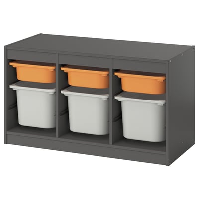 TROFAST kids storage, grey frame with orange & white bins, modular design.