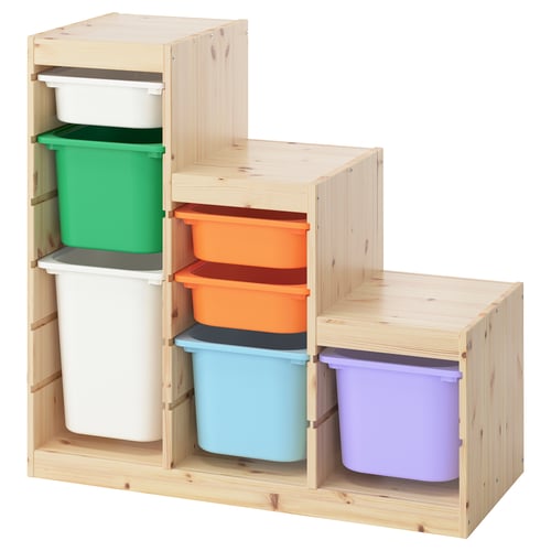 TROFAST Storage combination with boxes, light white stained pine/multicolour, 99x44x91 cm