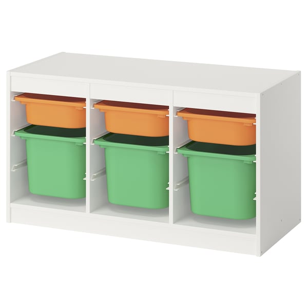 White TROFAST kids storage with green and orange bins.