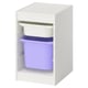 Ikea TROFAST storage unit, white, with purple and blue plastic bins, rectangular shape, open front design.