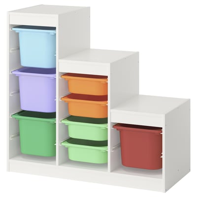 An IKEA TROFAST childrens storage unit in white with colourful plastic containers.