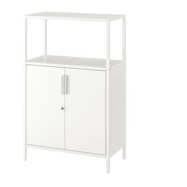 Displays a TROTTEN white metal storage cabinet with a sleek design, featuring lockable doors and adjustable feet.