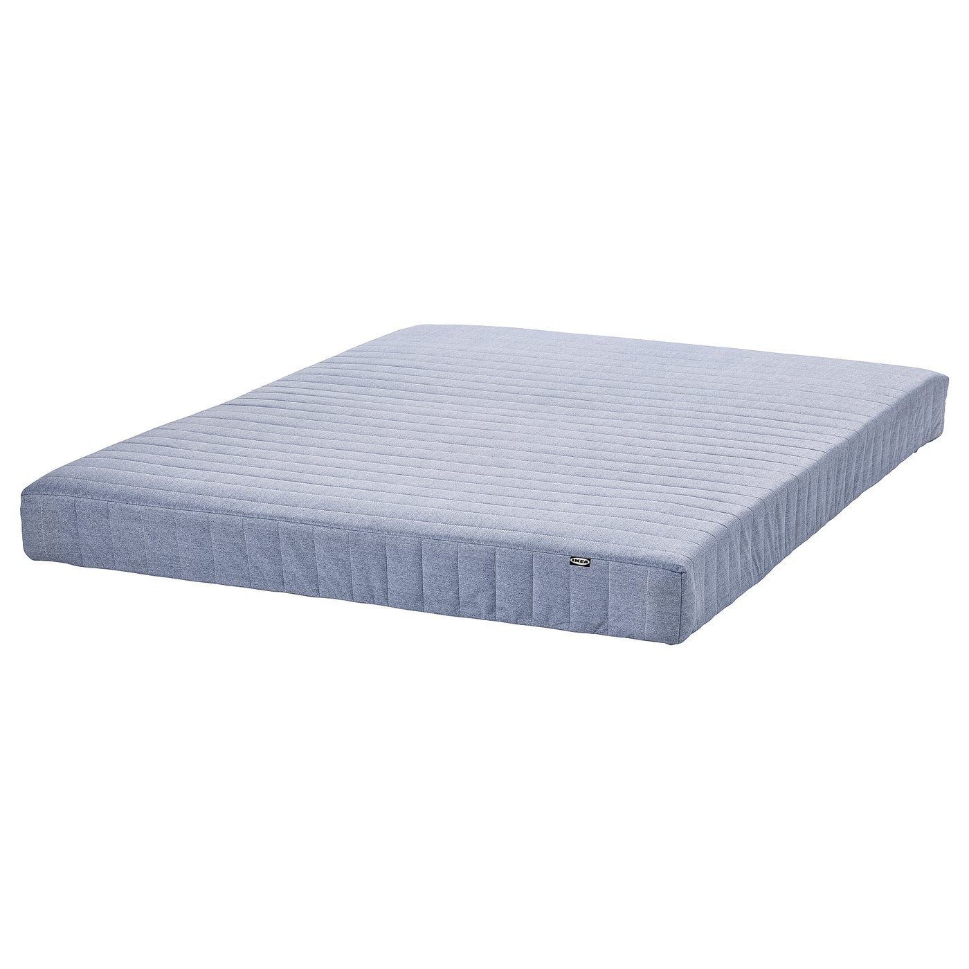 Blue IKEA VADSÖ extra-firm spring mattress, rectangular, with bonnell springs and polyester cover.