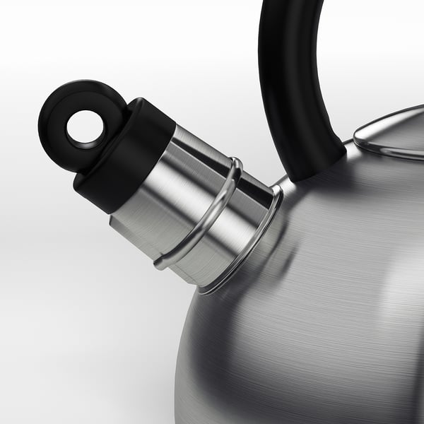 Silver kettle with black handle and whistle, stainless steel, durable, clean design.