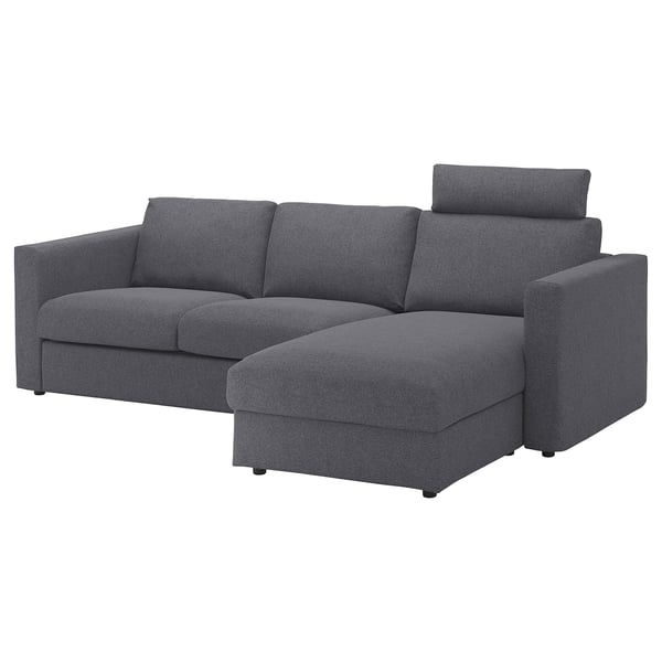 Image depicts a grey VIMLE sectional sofa with chaise, clean lines, and cushioned headrest.