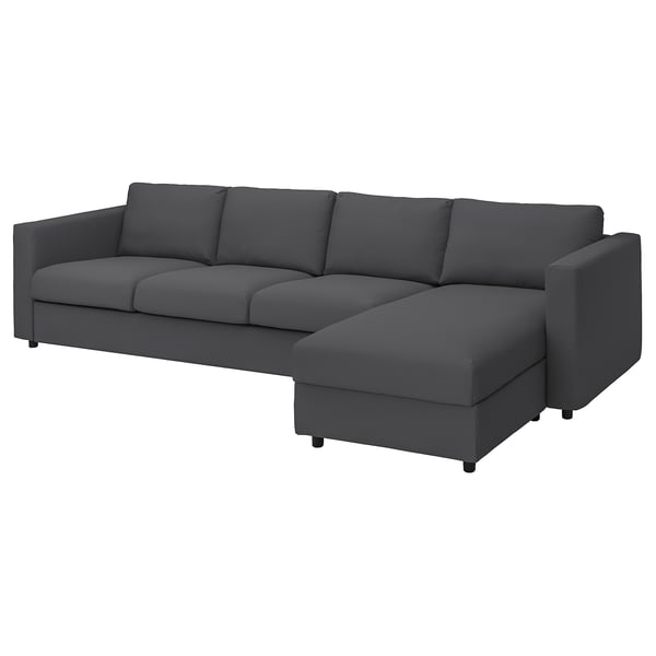 The VIMLE sectional sofa is sleek and grey with a chaise lounge, featuring a modern design.