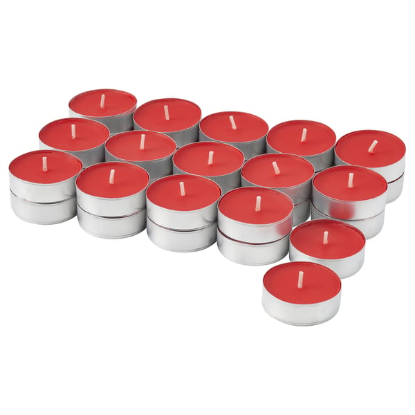 Image shows multiple red tea lights in silver holders, arranged in a cluster. Each holder has a small cotton wick.
