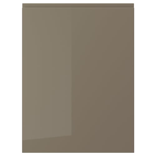 VOXTORP high-gloss brown cabinet door, sleek modern design, smooth surface, integrated handle, durable fibreboard.