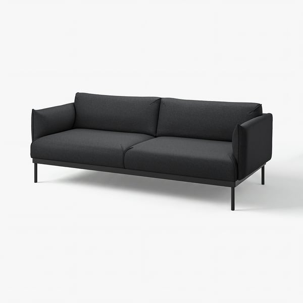 Kaasaegne süsimust diivan, minimalistlik disain, metalljalad, pehmed istmed ja seljatugi.