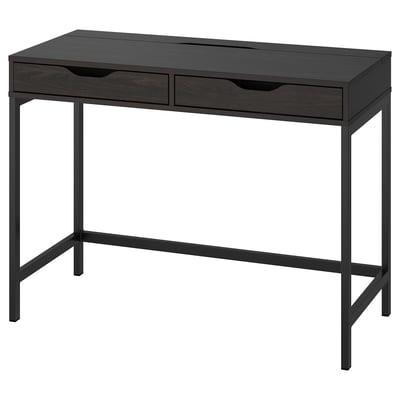 Minimalistliku disainiga must ALEX kirjutuslaud, millel on kaks sahtlit hoiustamiseks ja klanitud metallraam.