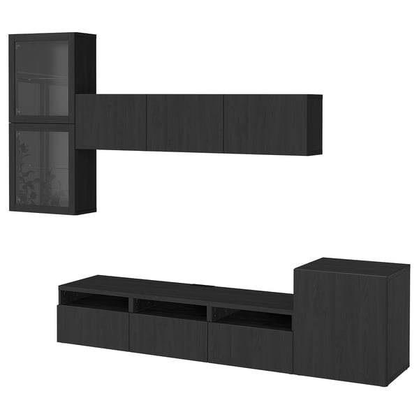 Must BESTÅ teleri hoiustamise kombinatsioon, minimalistlik ja kaasaegne. Riiulid, sahtlid ja seinakapid. Tume puidust viimistlus.