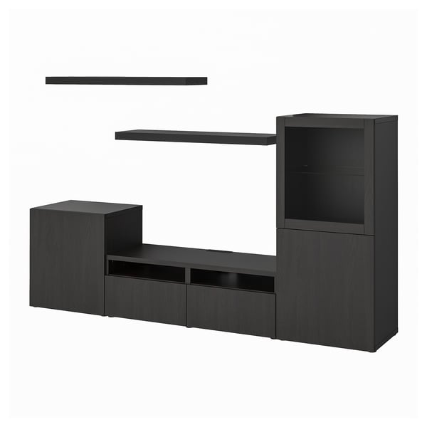 Kaasaegne must mööblikomplekt: telerialus, riiulid ja kapp. Puhtad jooned, minimalistlik stiil.