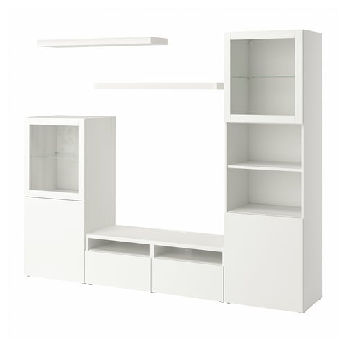Valge BESTÅ hoiukomplekt: telerialus, riiulid, klaasuksed. Minimalistlik, kaasaegne disain.