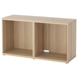 Heledat värvi puidust BESTÅ telerialus; avatud riiulid, ristkülikukujuline, minimalistlik disain.