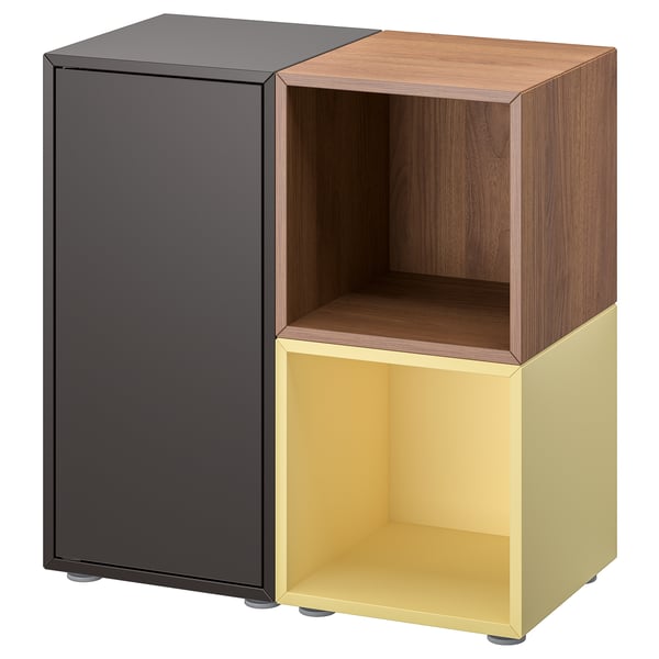 Ikea EKET panipaik, must, kollane, puit, avatud ja suletud riiulid, kaasaegne disain.