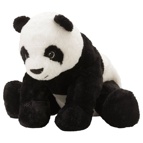 Armas panda plüüsist mänguasi, mustvalge, pehme, ümmargune keha, istumisasend, sõbralik nägu.