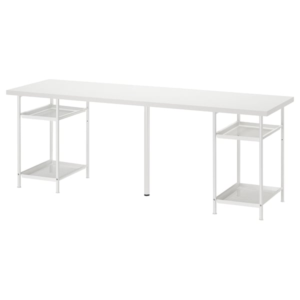 Valge LAGKAPTEN kirjutuslaud valgete metallraamide ja riiulitega, ristkülikukujuline pealispind.