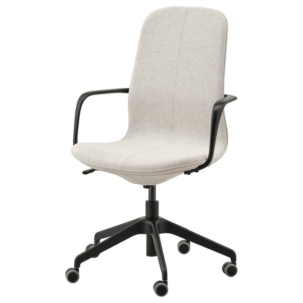 LÅNGFJÄLL kontoritool, helehall kangas, must metallraam, reguleeritav kõrgus ja seljatugi, ergonoomiline disain käetugedega.