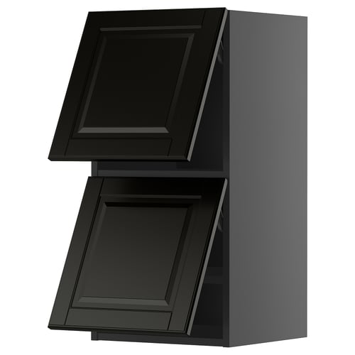 Kaasaegne must köögikapp kahe uksega, elegantne disain, hall korpus, metallist detailid.