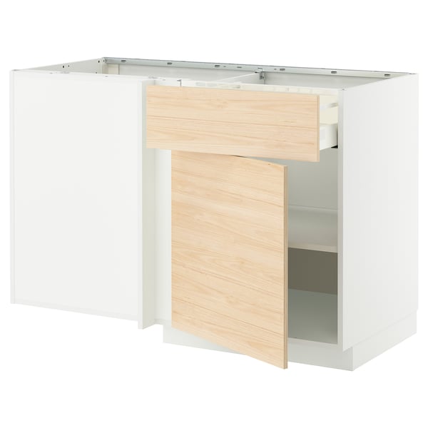Sellel on ikea METOD köögikaapp, millel on heledad tuhavärvi puituksed ja valge raam. See sisaldab sahtlit ja riiulit.