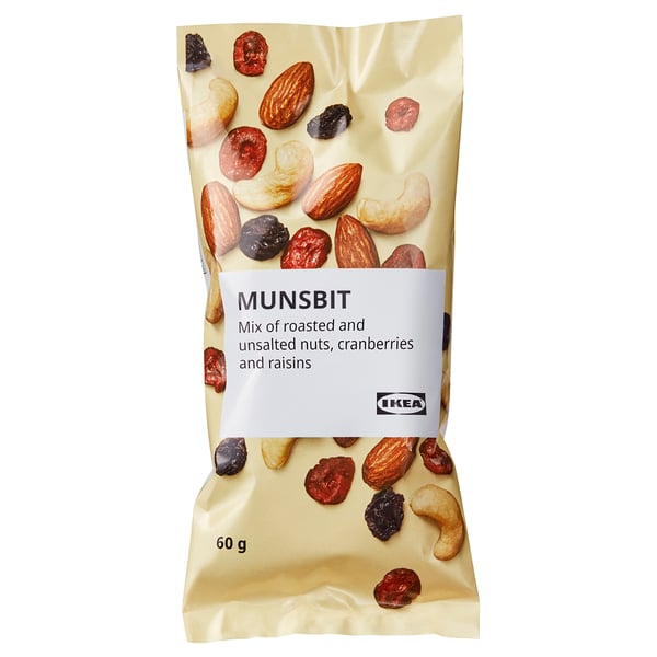 IKEA MUNSBIT - röstitud pähklite, jõhvikate, rosinate segu pakk, 60g.