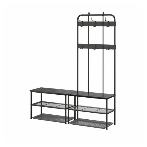 Must metallist riidenagi pingi ja kingade hoiustamisega. Kolm taset, konksud ja võrkriiulid. Kaasaegne tööstusdisain.