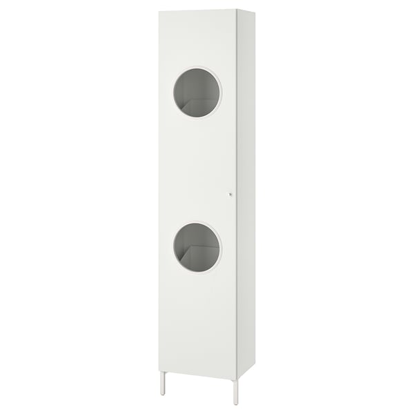Valge NYSJÖN kõrge kapp, millel on kaks ümmargust väljalõigatud ust, mis on mõeldud hoiustamiseks.