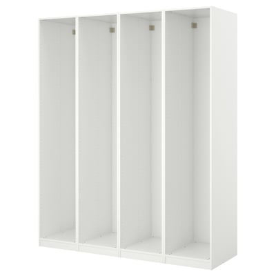 Valge ikea PAX riidekapp. Selle ristkülikukujuline, nelja avatud sektsiooniga ja valmistatud puitlaastplaadist.