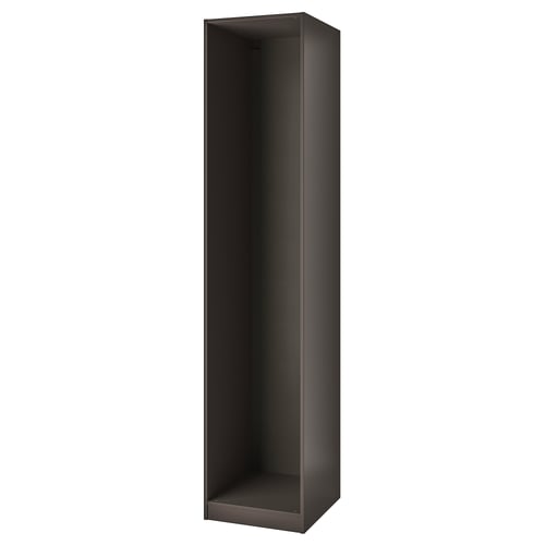 Kõrge tumehall PAX garderoobiraam ikea. Selle ristkülikukujuline, valmistatud puitlaastplaadist ja mõeldud kohandatud kappide seadistamiseks.
