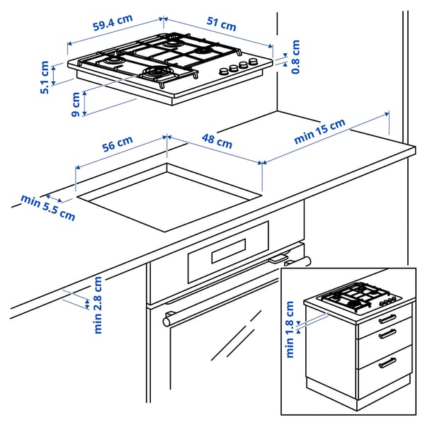 SKÅLAN Gaasipliit, IKEA 300 roostevaba teras, 59 cm