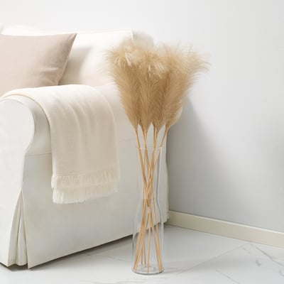 SMYCKA pampas rohi läbipaistvas vaasis. Kõrged beežid ploomid, mis on vartest painutatavad. Valge diivan kreemika teki ja padjaga. Kaasaegne, minimalistlik disain.
